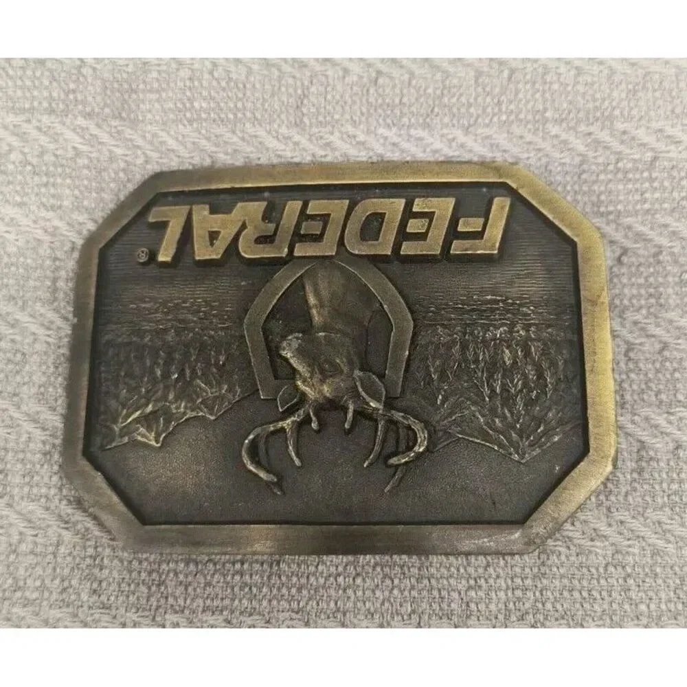 Vintage Indiana Metal Craft Federal Ammunition Brass Belt Buckle Deer Buck Hunt